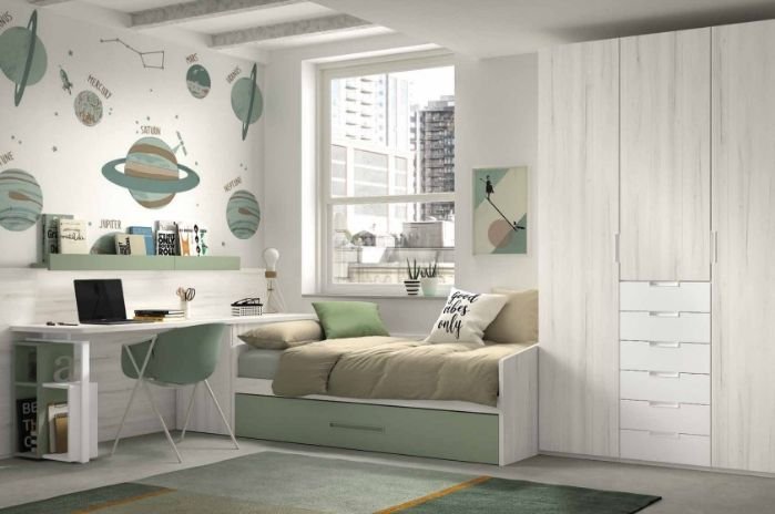 Dormitorio juvenil verde con escritorio